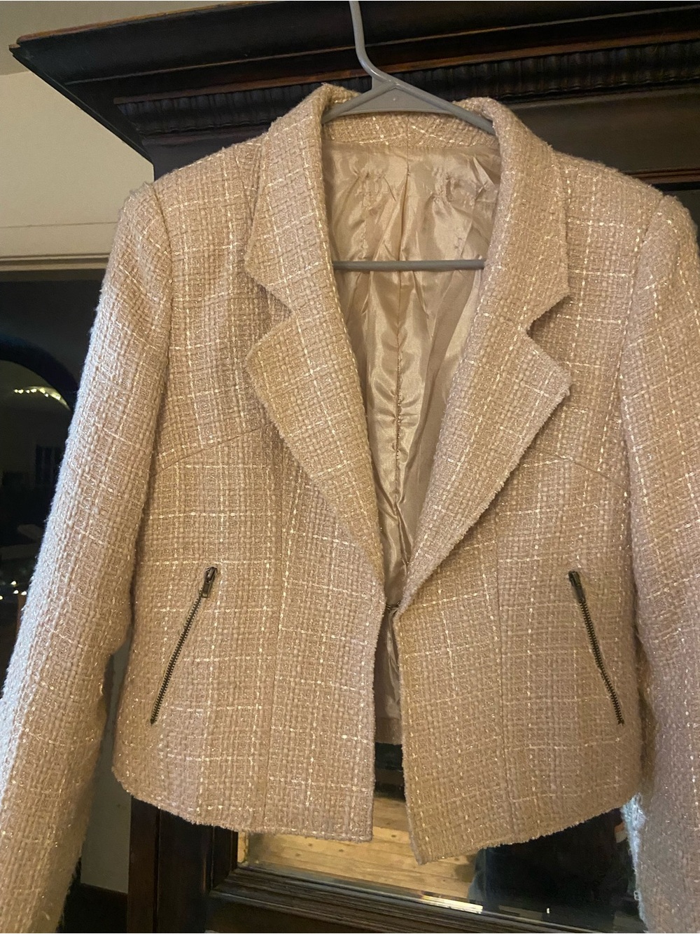 Womens Cream Tweed Open-Front Blazer Jacket sparkly